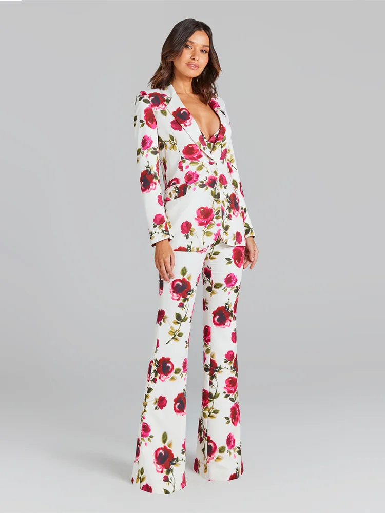 Floral Printed Blazer Sets  Button Jacket + Bra + Pants 3 Pieces