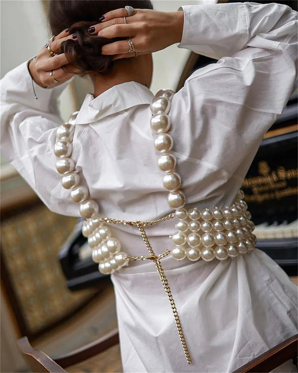 Luxury White Black Big Pearls Vest Tops