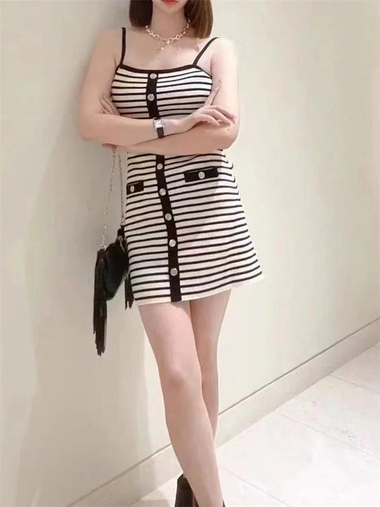 French  Striped Sling Mini Dress