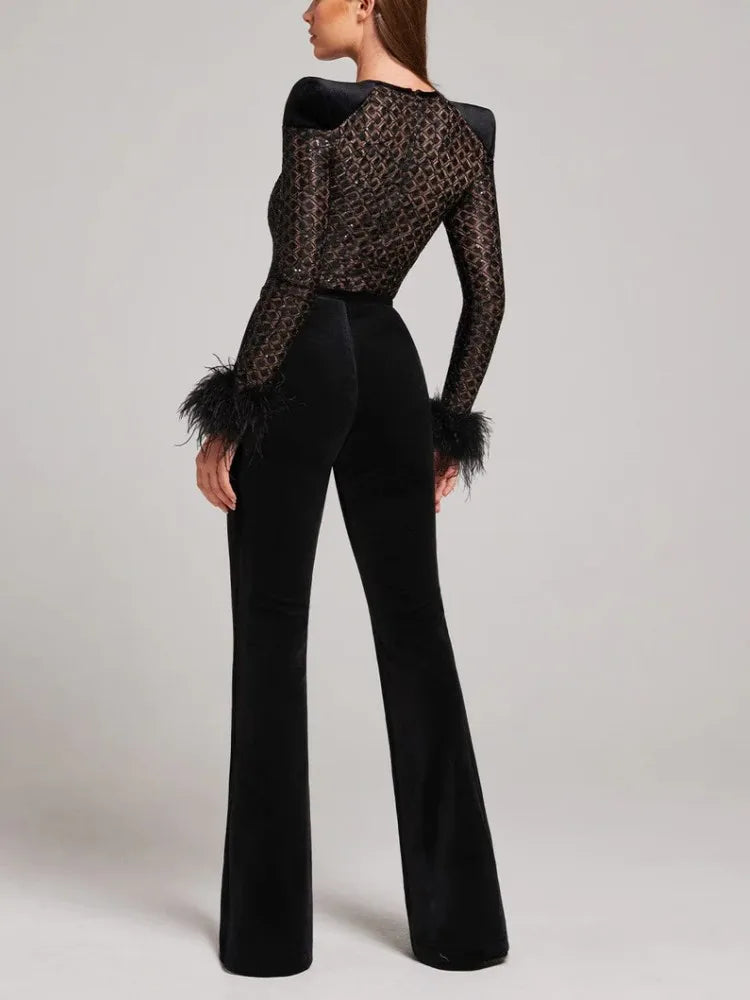 Feather See Through Glitter Black Bandage  Jumpsuit
