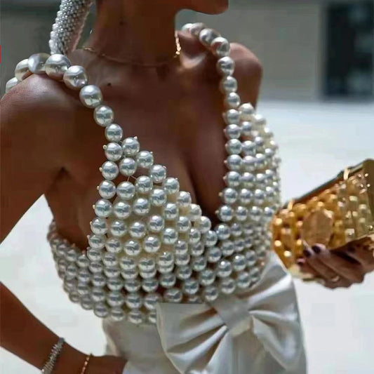 Luxury White Black Big Pearls Vest Tops