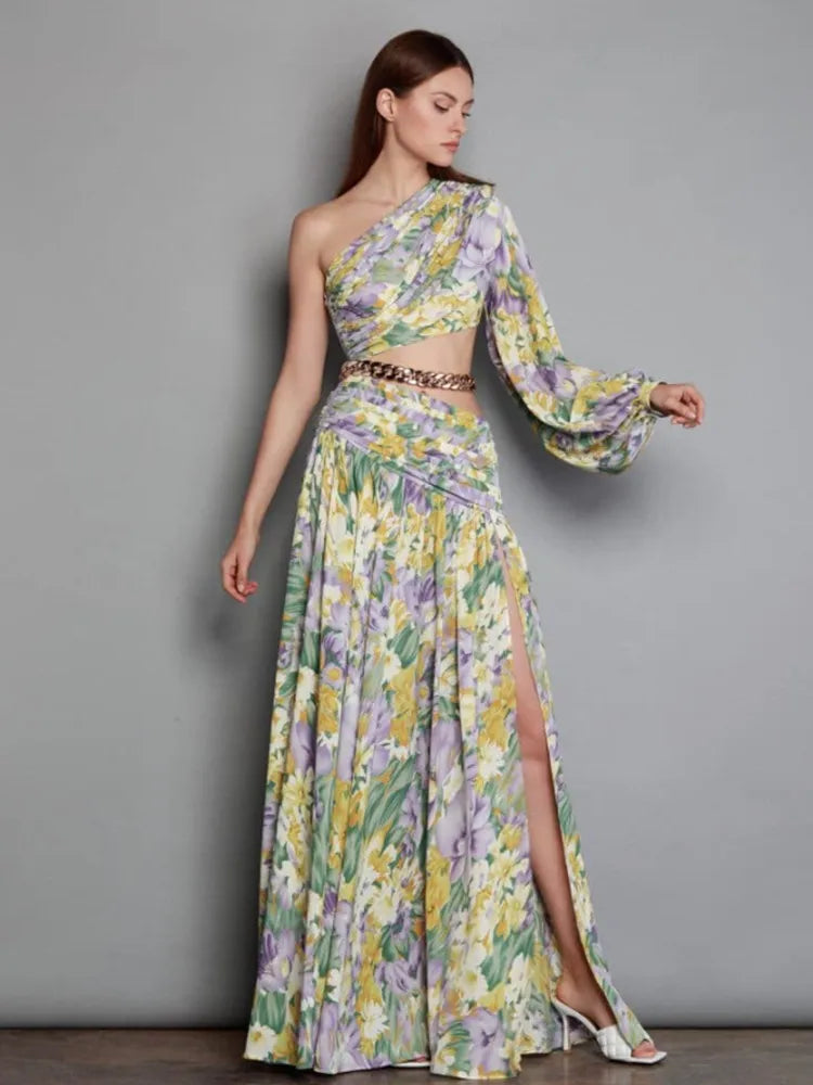 Long Sleeve One Shoulder Floral Long Chiffon Maxi Dress