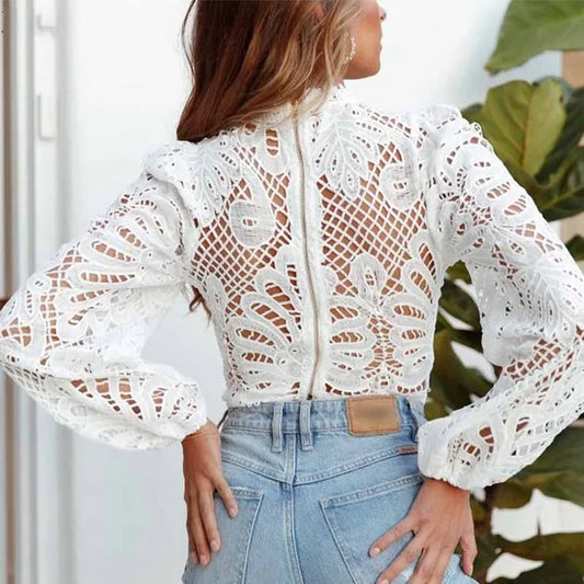 Long Sleeve Lace Blouse Crochet Hollow Out