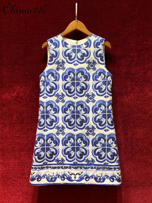 French Retro Printed Sleeveless A- Line Dress