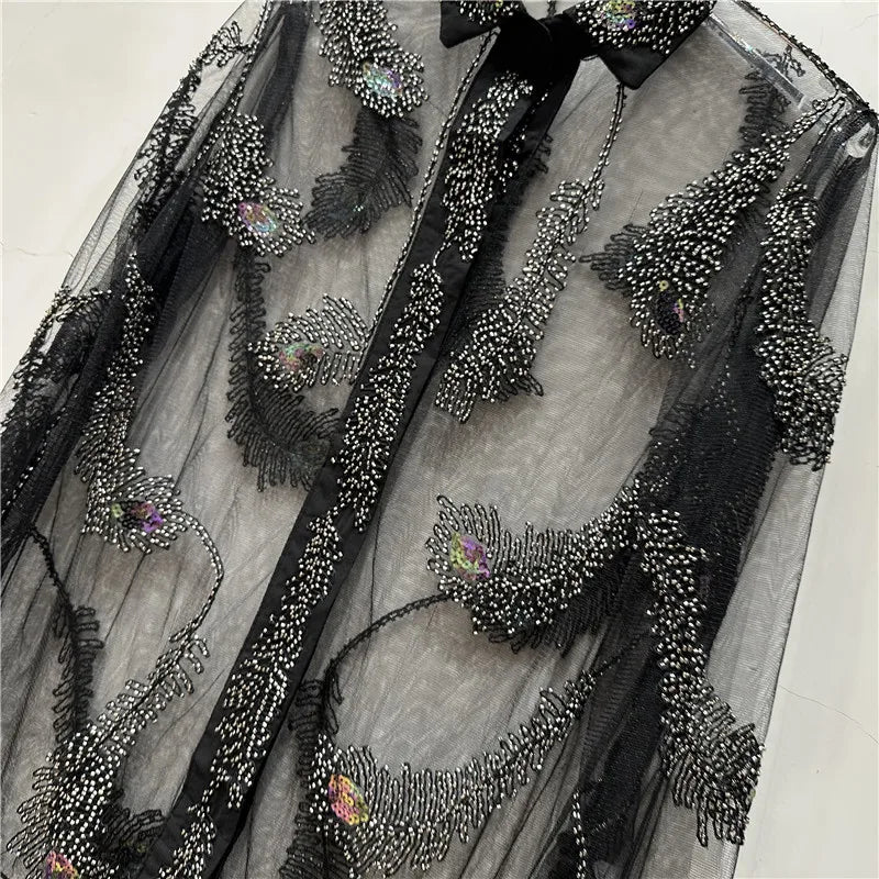 Beaded Phoenix Tail Perspective Long-Sleeved Shirt