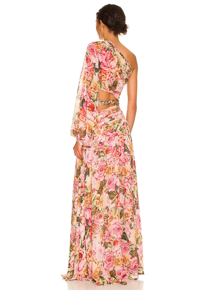 Long Sleeve One Shoulder Floral Long Chiffon Maxi Dress