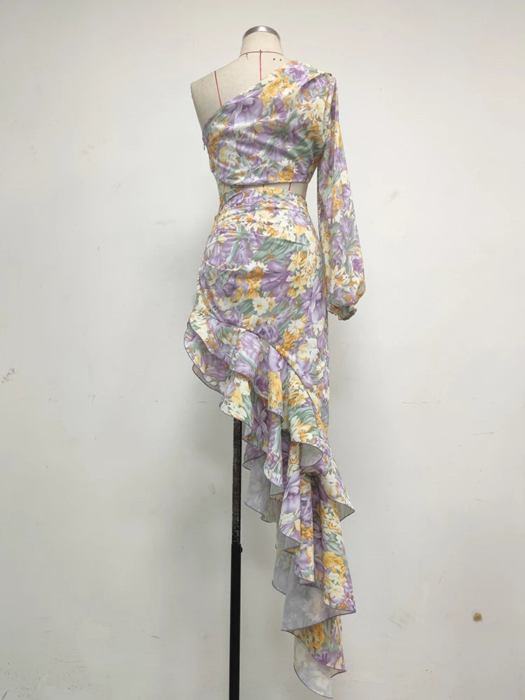 One Shoulder Floral Ruflles Long Chiffon Maxi Dress