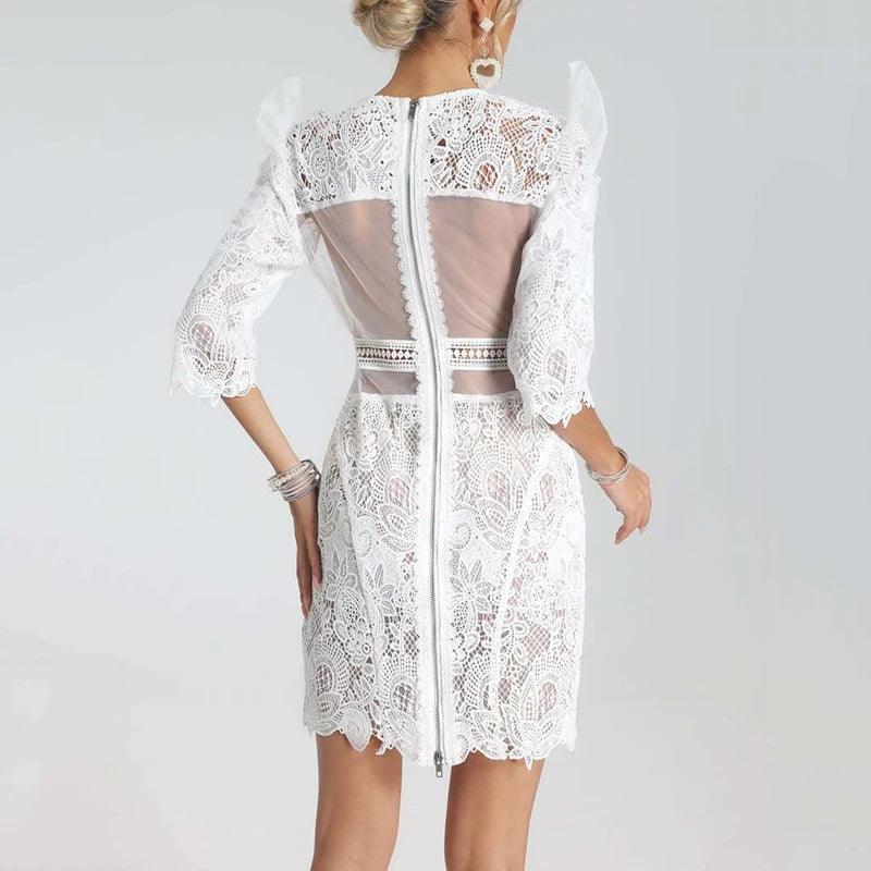 White Lace Hollow See Through Elegant Mini Dress