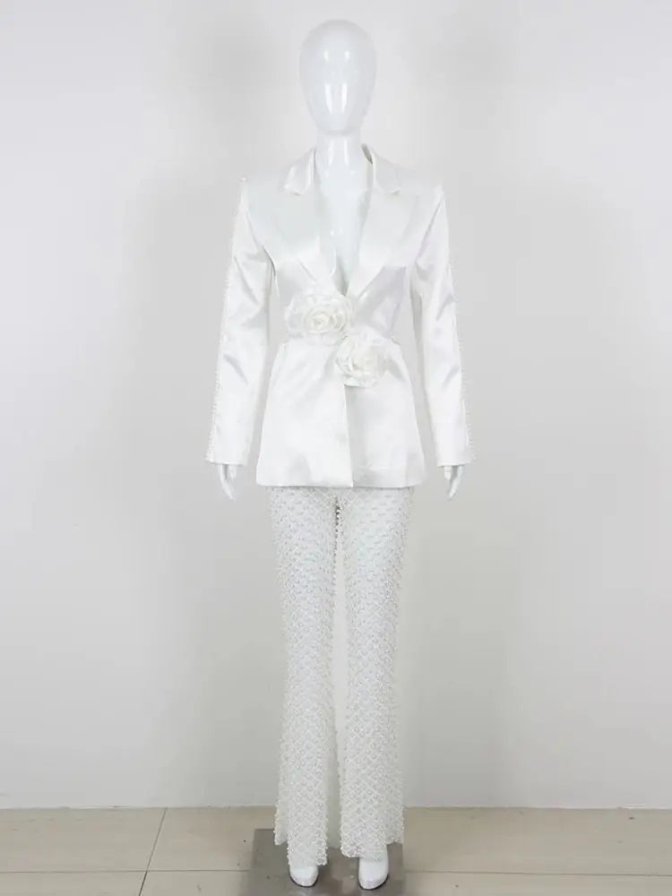 White Set Heavy Industry Flower Pearl  Two Piece Set