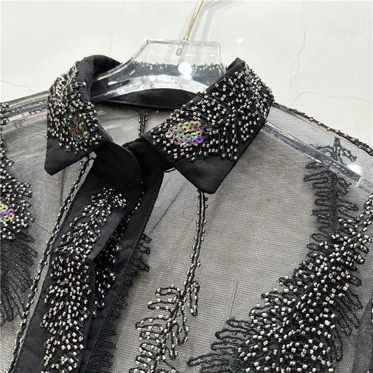 Beaded Phoenix Tail Perspective Long-Sleeved Shirt