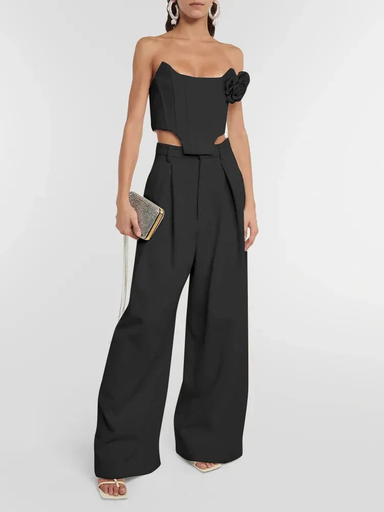 Solid Two Piece Set  Top High Waist Straight Pant