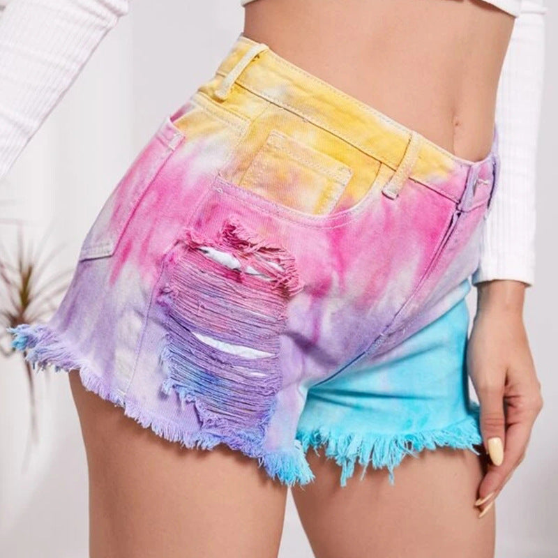 Tie-Dyed Tassel Foot Mouth Loose Hole  Denim Shorts