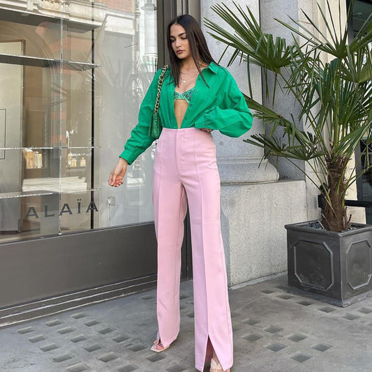 Trousers High Waist Office Pink Bootcut Trousers