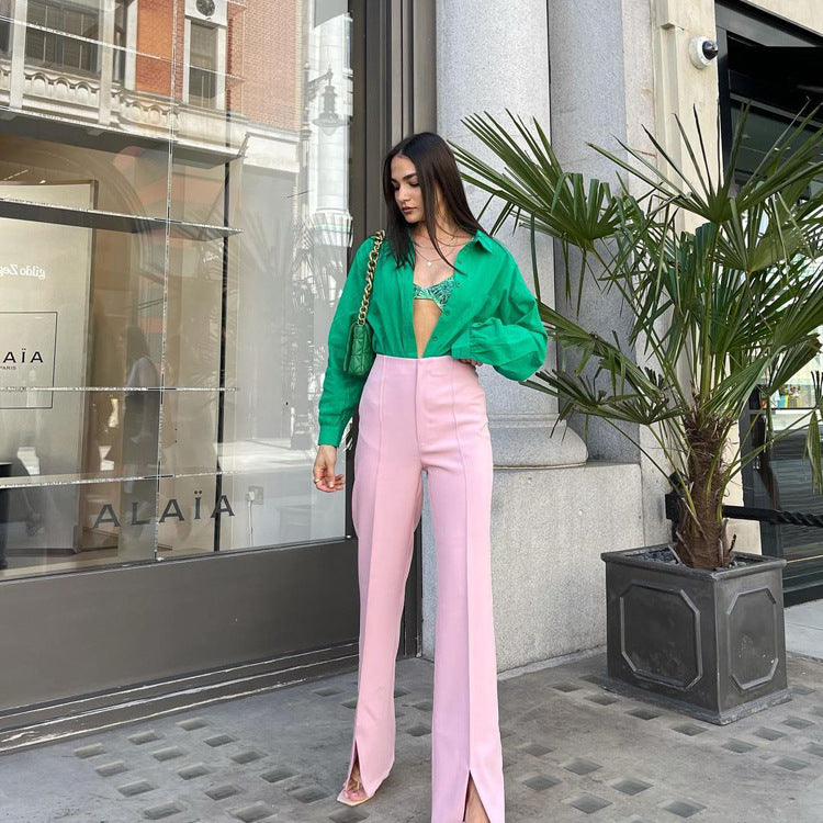 Trousers High Waist Office Pink Bootcut Trousers