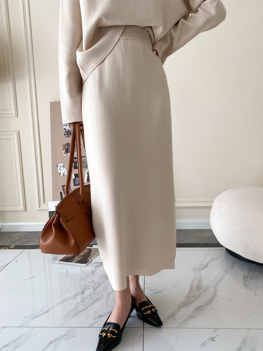 Elegant V-neck Knitwear Skirt Suit  set top skirt