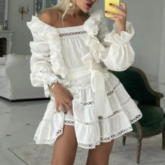 French Pure Color Ruffles Short Skirt Dress