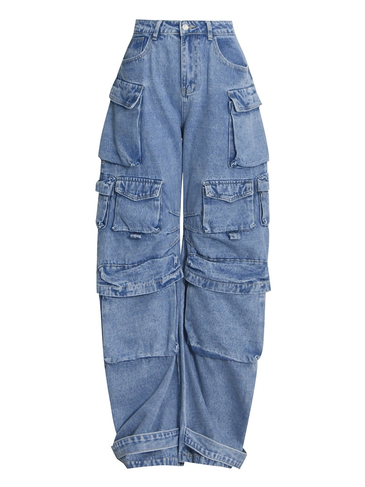 treetwear Wide Leg Jeans  High Waist Patchwork Pockets Solid Denim