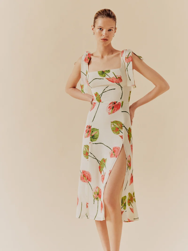 French Elegant Pastoral Printed High Slit Strap Dress