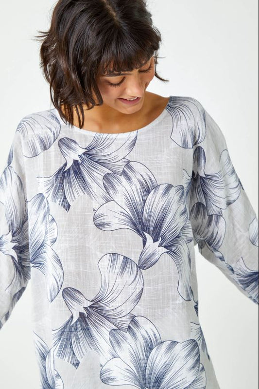 Grey Floral Print Cotton Tunic