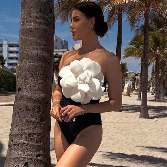 3D Flower Printed One Piece Swimsuit