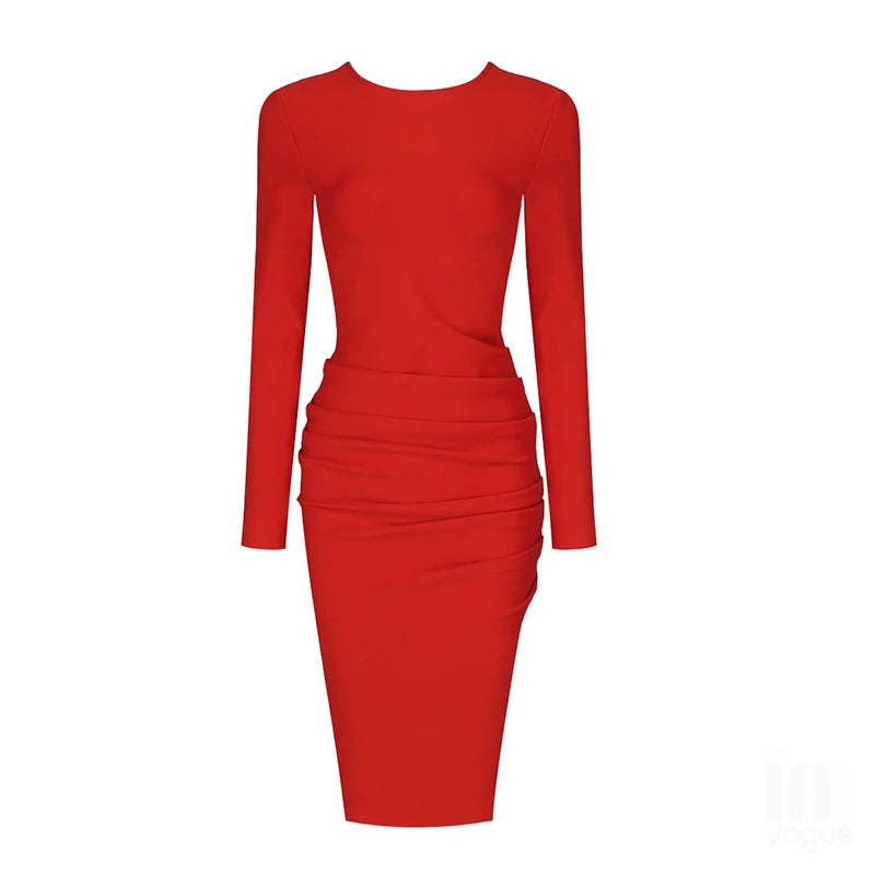 Backless Designer Bow Long Sleeve Red Bandage Dress