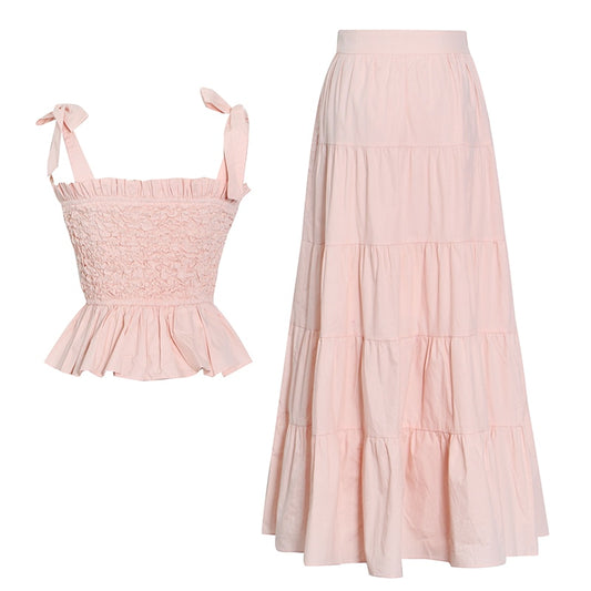 Patchwork Elegant Two Piece Set  Square Collar Sleeveless Top High Waist Pleated Skirt Vintage Sets