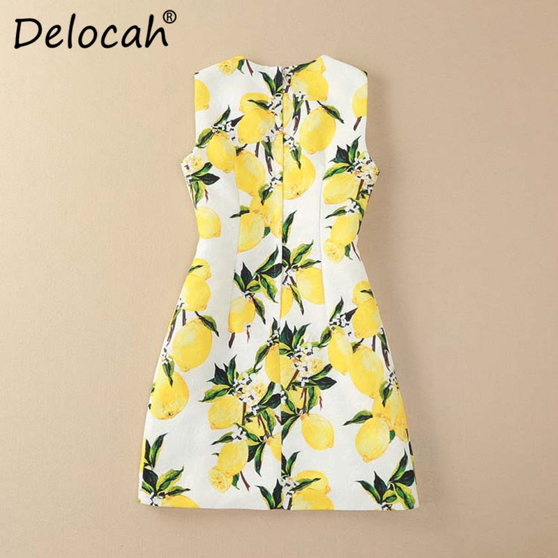 Designer Dress  Sleeveless Gorgeous Crystal Button Lemon Printed Casual Dress High Quality