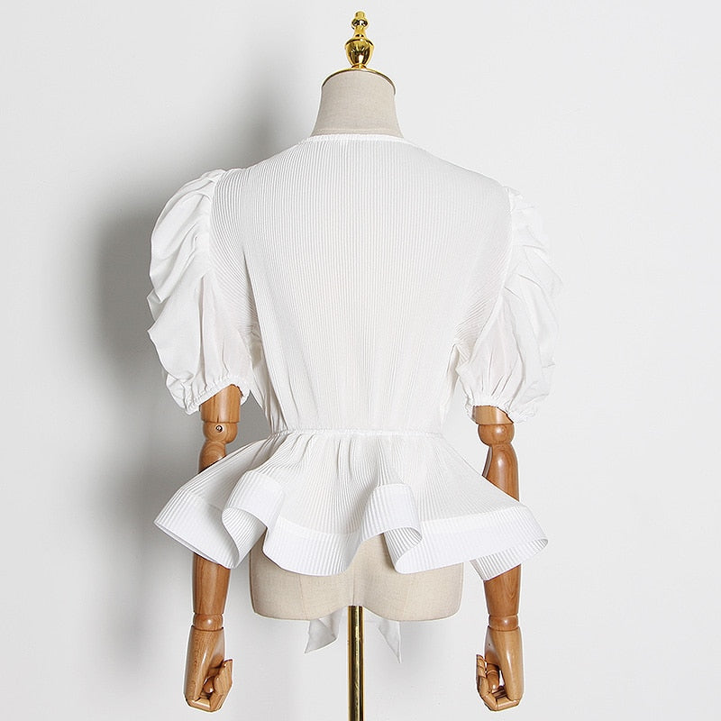Patchwork Ruffle Lace Up Bowknot Shirt