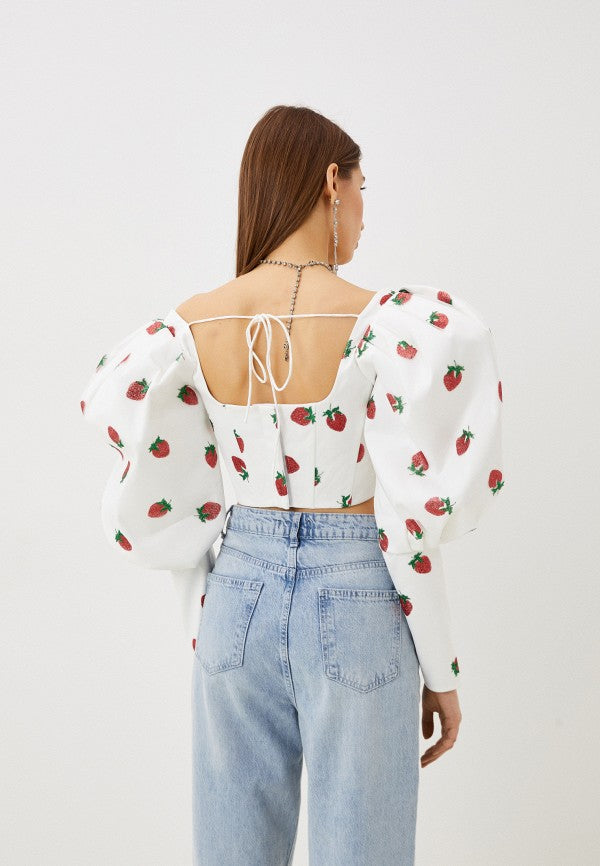 Strawberry Embroidery Tops Unique Square Collor