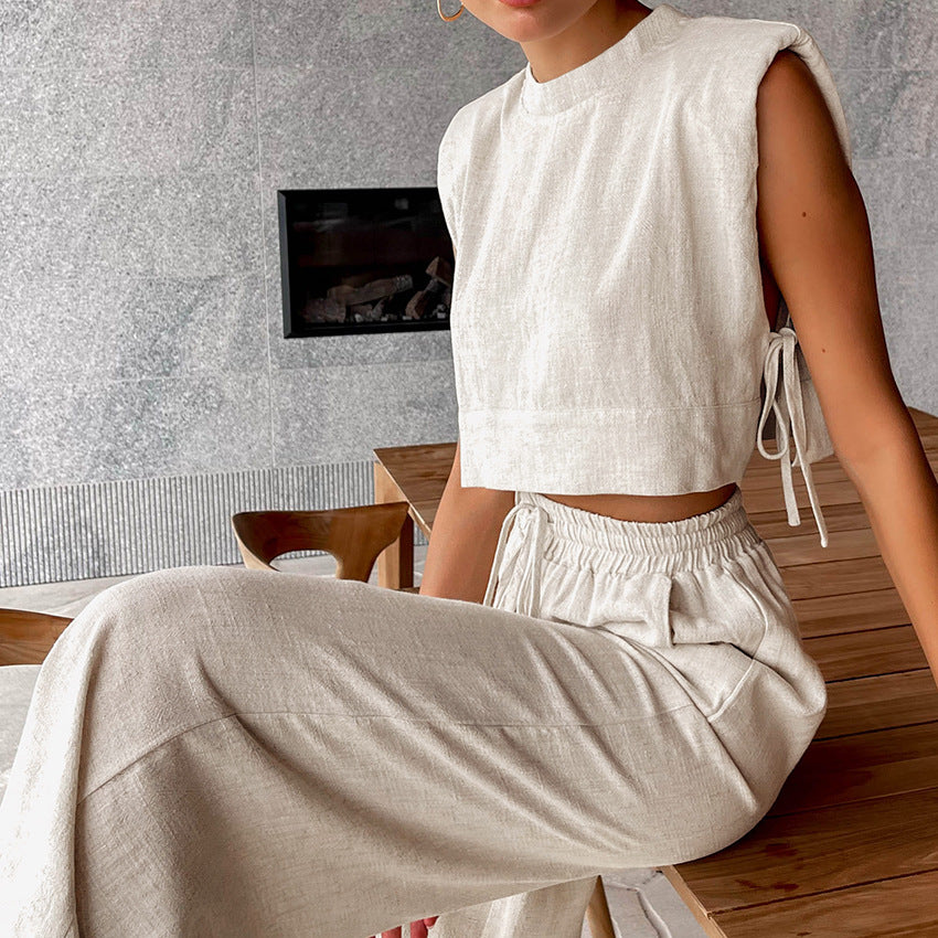 Padded Shoulder Sleeveless Top Trousers Two Piece Set Casual Cotton Linen Suit