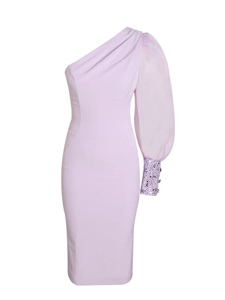 One Shoulder Violet Mid-Calf Bodycon Dress