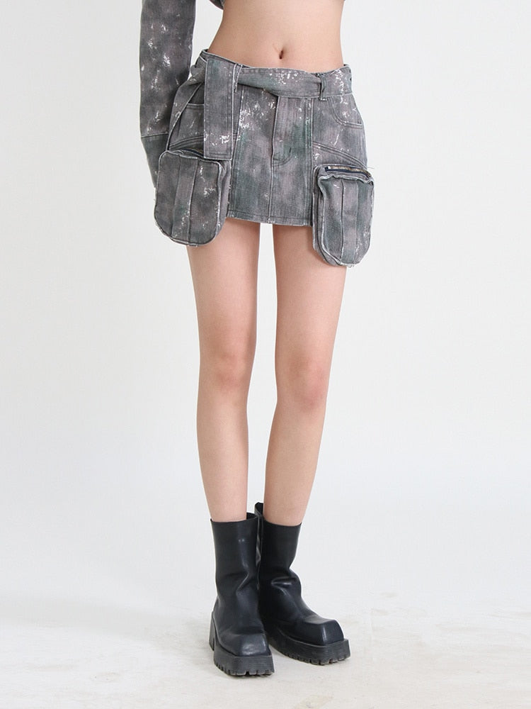 A Line Skirts  High Waist Short Length Patchwork Lace Up Camouflage  Denim Skirt