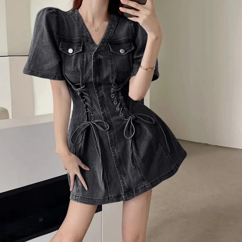 Black Lace Up Cute Mini Denim Dresses