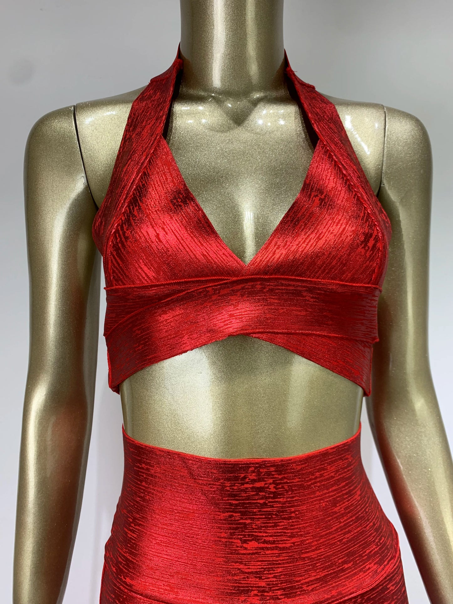 V Neck Bronzing Red Midi Bodycon Bandage Skirt Set