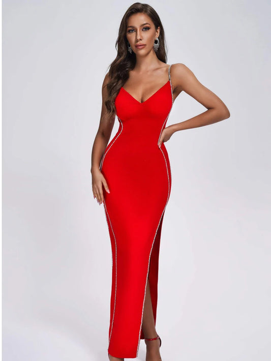 V-Neck Diamond Suspender Red High Slit Maxi Dress