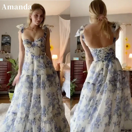 Amanda Wisteria Flower Pattern Spaghetti Strap Princess Formal Occasion Dresses