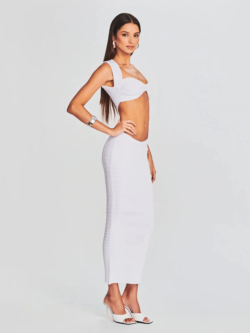 Square Collar Cut Out White Mid-Calf Bandage Dress