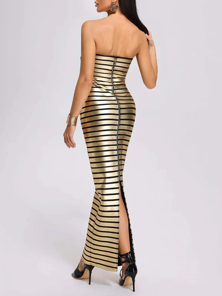 Strapless Gold Foil Striped Bandage Dress