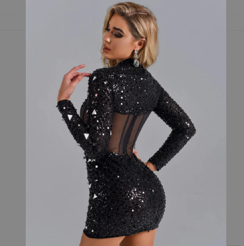 Sequined Beaded Black Long Sleeves See Through Dress
