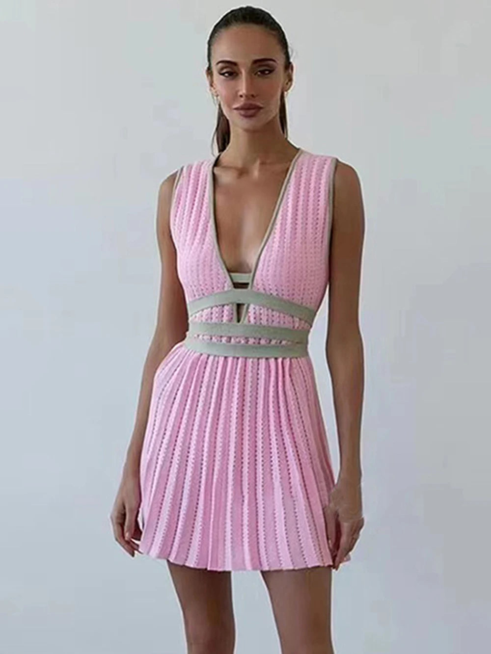 Pleated Mini Dress  V-neck