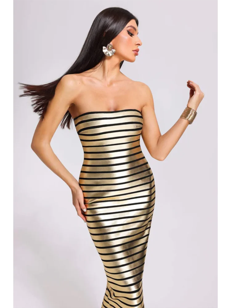 Strapless Gold Foil Striped Bandage Dress