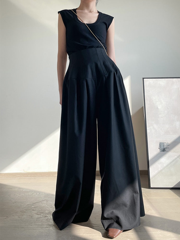 Oversize Wide Leg Pants  Gathered Waist Spliced Ruched Casual Solid Long Trousers