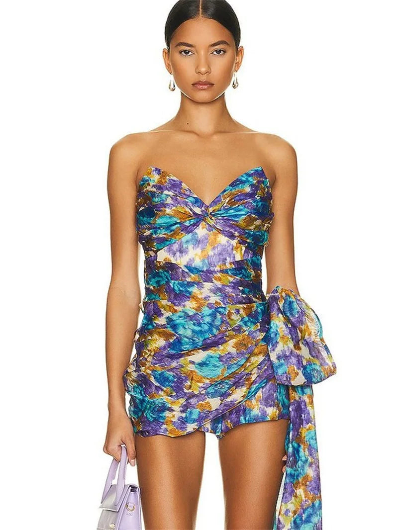 Blue Tie Dyed Floral Strapless romper