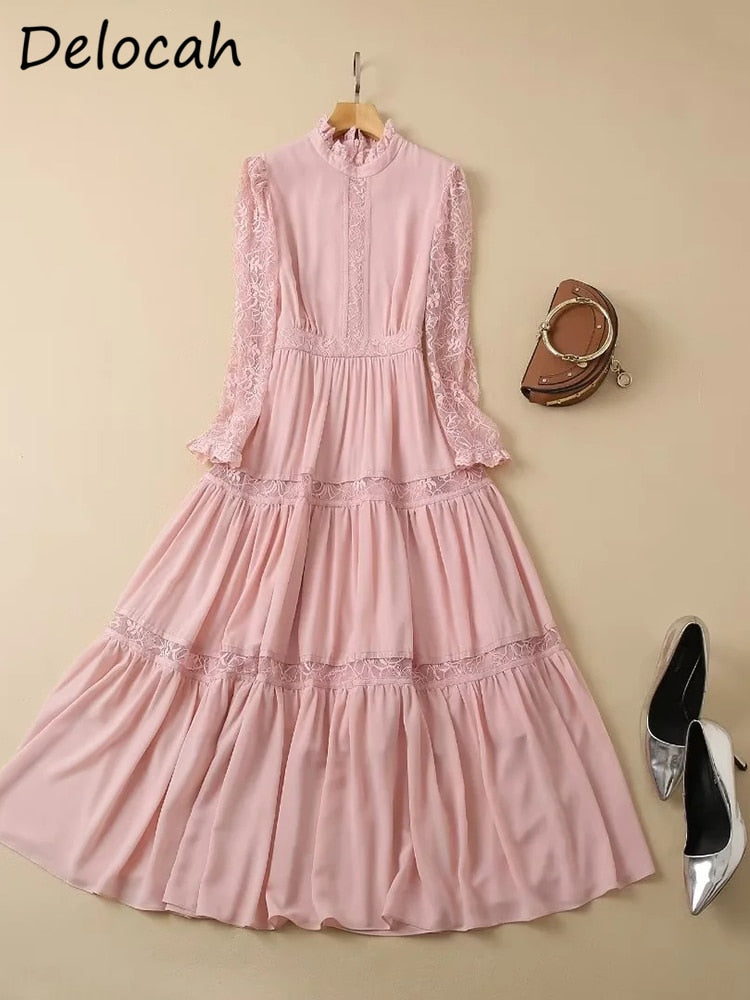 Long Dress Lantern Sleeve Elegant Big Swing Lace Trim Hem Pink Print Dresses