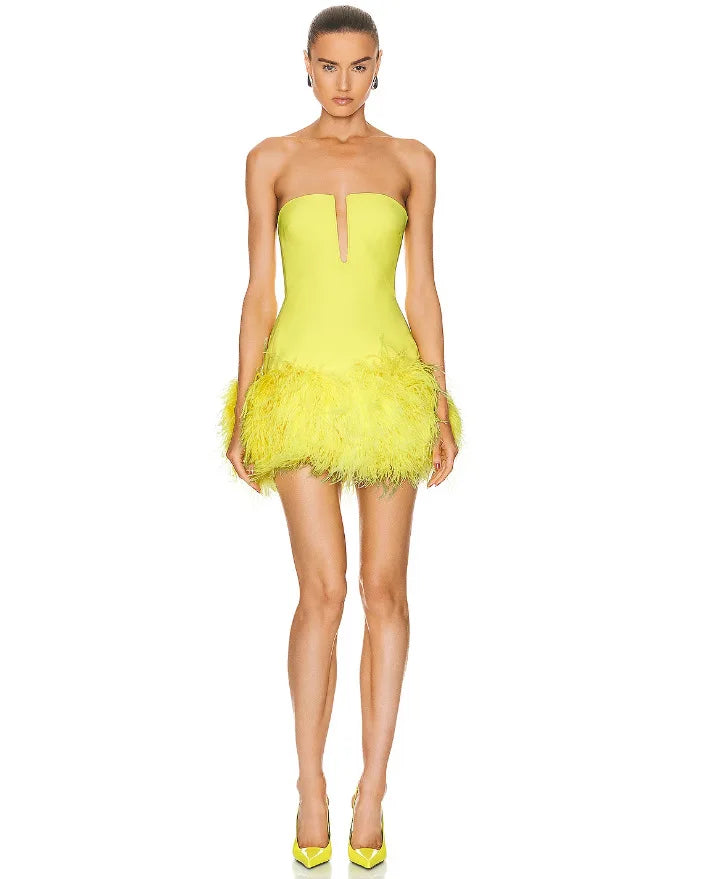 Yellow Black Color  Strapless Feathers  Mini Dress