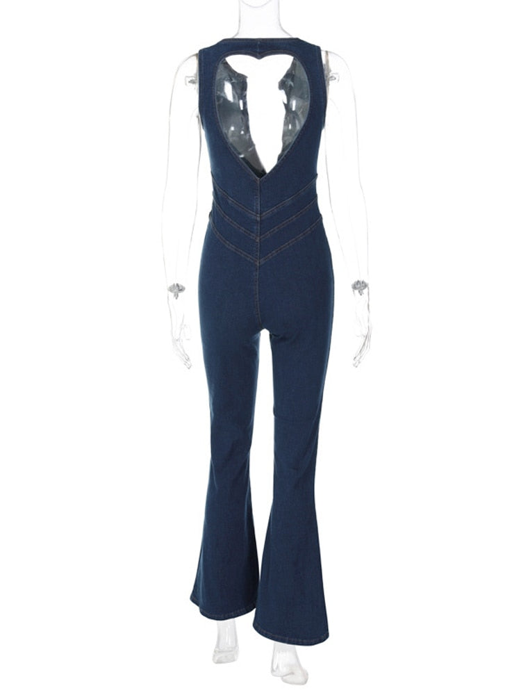 Blue Backless Heart Cutout Bodycon Jumpsuit  One-Piece Outfits Retro Denim
