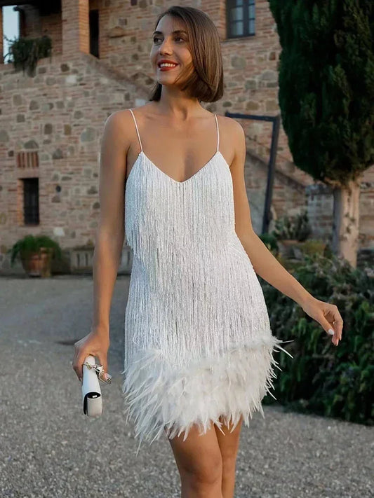 Tassel Sequins Dress  Feather Spaghetti Straps Mini Dresses