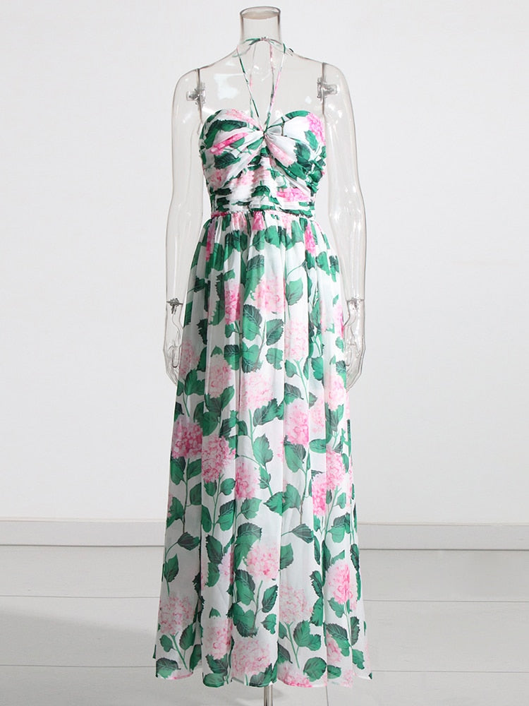 Casual Long Dress  Halter Sleeveless High Waist Hit Color Patchwork Print Slim Dresses