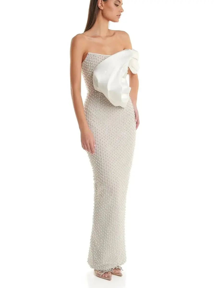 White Glitter Pearl Beaded Maxi Long Gowns Dress