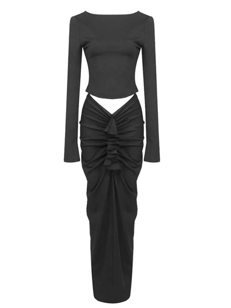 Backless Top Black Maxi Long Skirt Set